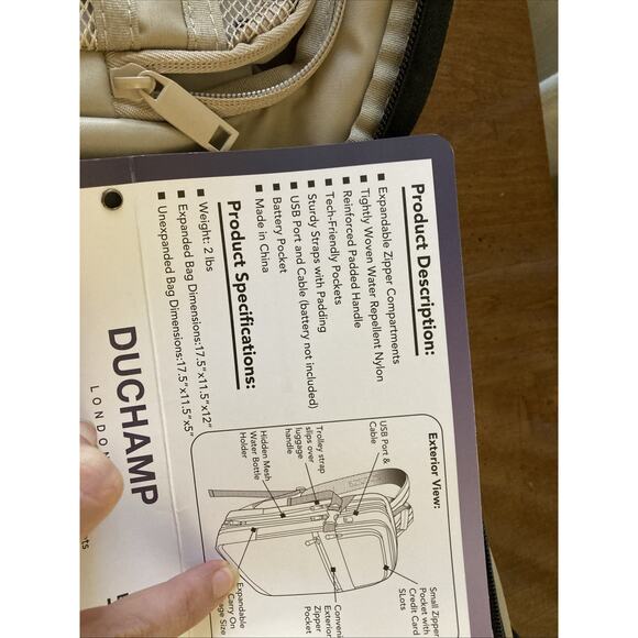 Duchamp London Expandable Travel Backpack Suitcase New Tan Carry-On USB Nylon - Picture 16 of 16